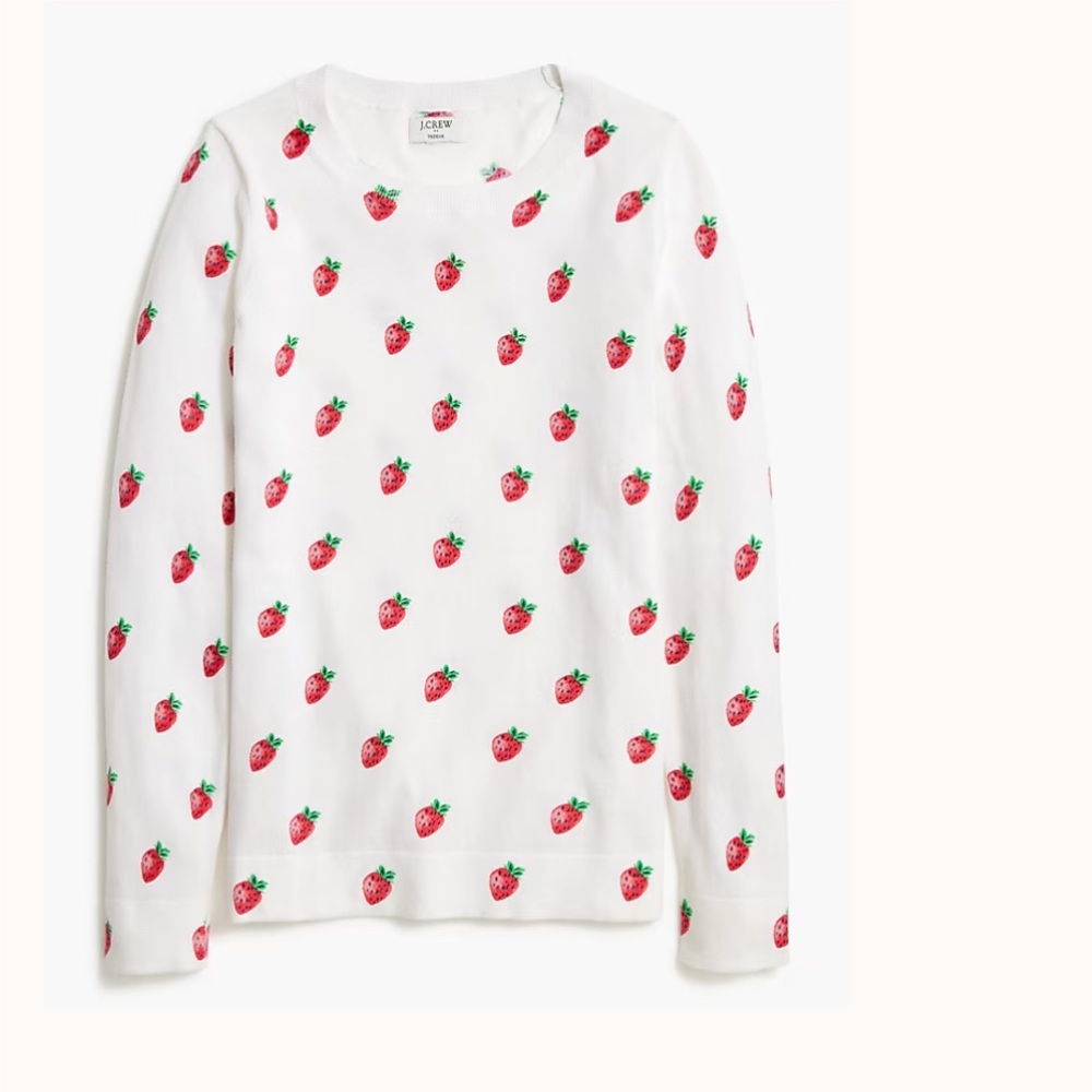 J. Crew White and Red Long Sleeve Tee with Strawberry Print